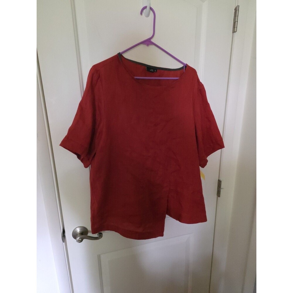 Lisa Bayne Women's Lagenlook Oversized Linen Top L Red Boxy Artsy Asymmetrical